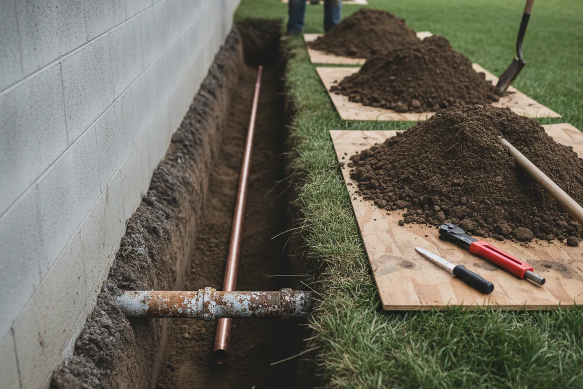 Excavated water line trench during Water Softener Installation in Jackson Heights